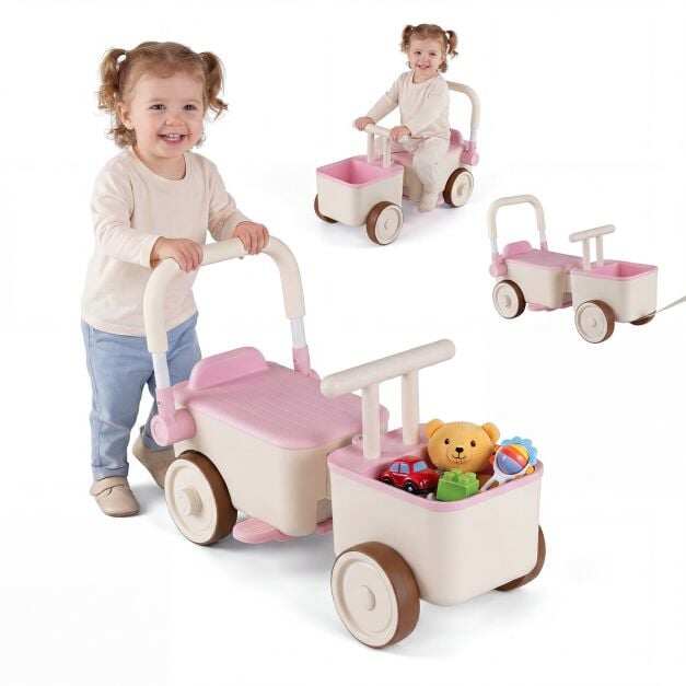 3-in-1 Kids Ride On Push Car with Rope and Storage Basket-Pink
