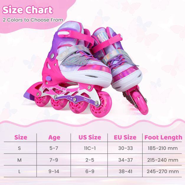 Inline skates for children, 4 sizes adjustable, children's roller skates with light-up wheels, pink, L