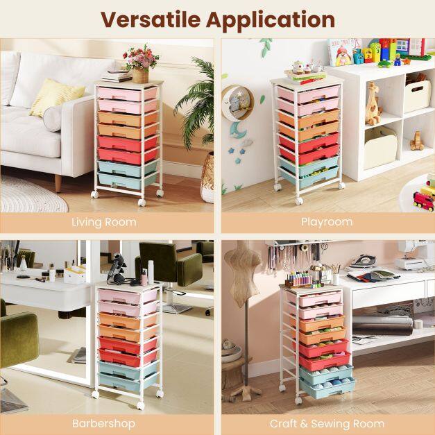Kodukontorisse mõeldud ratastel käru 8 sahtli ja puidust lauaplaadiga, millel on lukustatavad rattad - Macaron + naturaalne