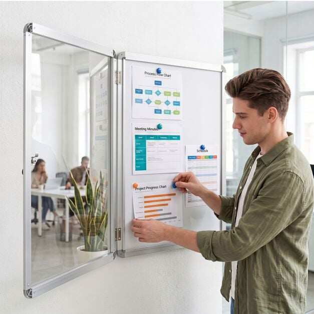 Lockable display case/information box with magnetic and writable back panel, 60 x 45 cm, silver Lockable display case/information box with magnetic and writable back panel, 60 x 45 cm, silver