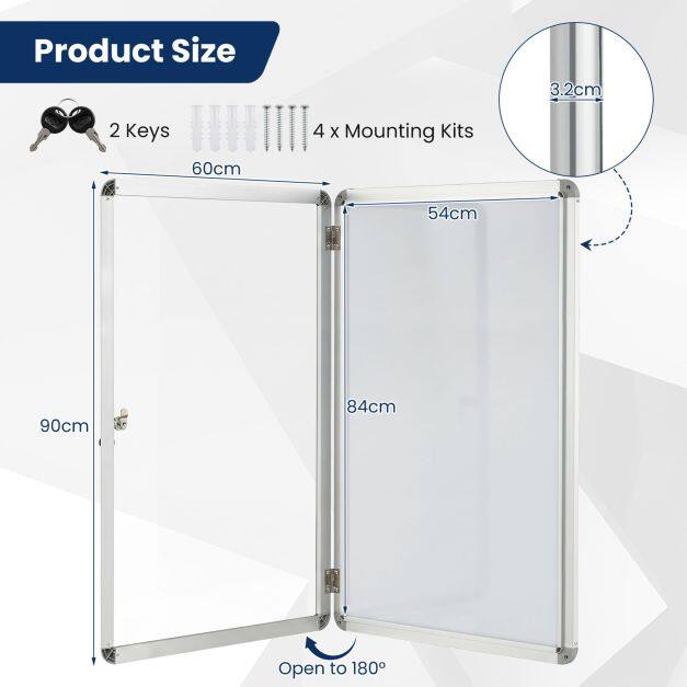 Lockable display case/information box with magnetic and writable back panel, 84 x 54 cm, silver