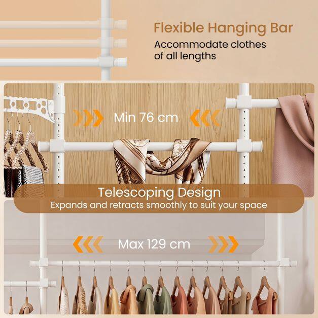 Telescopic clothes rack, height and width adjustable, metal clothes rack with 4 bars, white Telescopic clothes rack, height and width adjustable, metal clothes rack with 4 bars, white