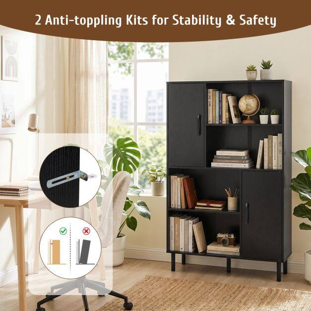Sideboard kitchen cabinet with 4 open compartments & 2 cabinets with doors, chest of drawers, black