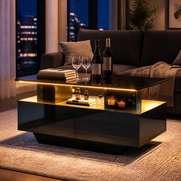 90 CM High LED Coffee Table with 2 Storage Drawers and 20-Color LED Lights-Black 90 CM High LED Coffee Table with 2 Storage Drawers and 20-Color LED Lights-Black