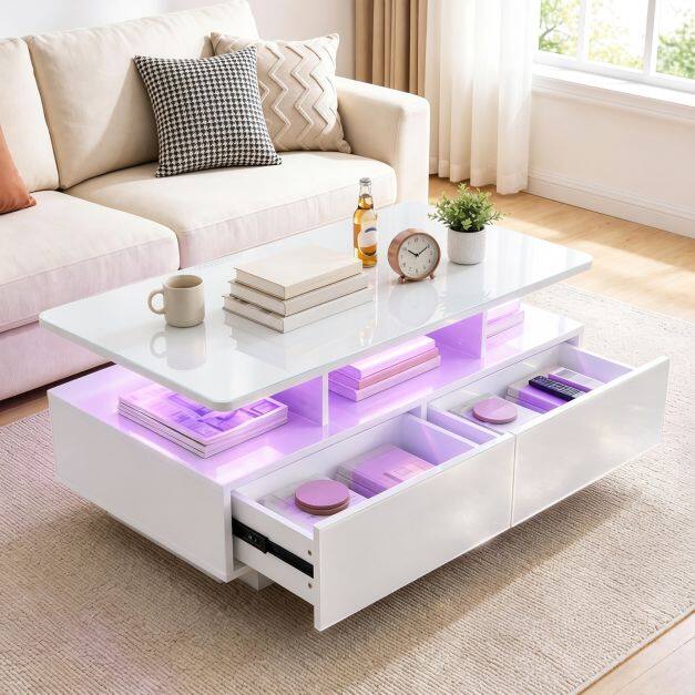 90 cm kõrge LED-kohvilaud kahe sahtli ja 20 värvilise LED-tulega - valge