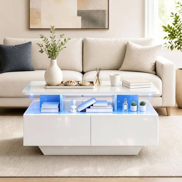 90 cm kõrge LED-kohvilaud kahe sahtli ja 20 värvilise LED-tulega - valge