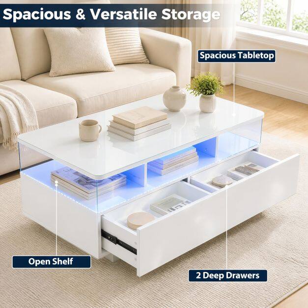 90 cm kõrge LED-kohvilaud kahe sahtli ja 20 värvilise LED-tulega - valge