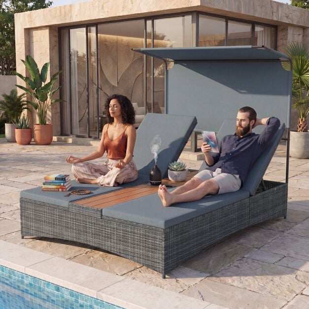 Sun lounger for 2 people, garden lounger with cushions, double lounger with 5-position adjustable backrest, grey