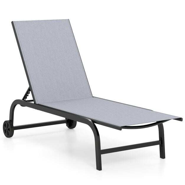Sun lounger with wheels. Robust garden lounger with 6-position adjustable backrest up to 180°. Flat. Grey.