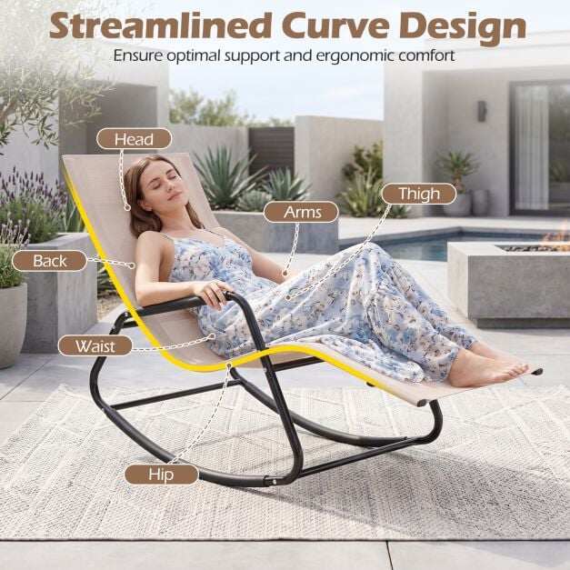 Weatherproof garden lounger, ergonomic rocking chair made of breathable fabric, 143 x 57 x 86 cm, beige Weatherproof garden lounger, ergonomic rocking chair made of breathable fabric, 143 x 57 x 86 cm, beige