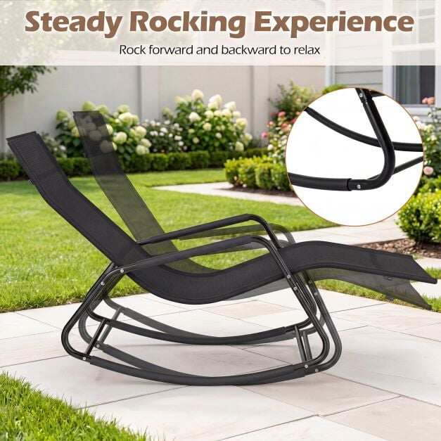 Weatherproof garden lounger, ergonomic rocking chair made of breathable fabric, 143 x 57 x 86 cm, black Weatherproof garden lounger, ergonomic rocking chair made of breathable fabric, 143 x 57 x 86 cm, black
