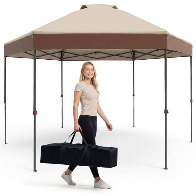 3.6 x 3.6m Pop-Up Pavilion, Waterproof Garden Pavilion with Adjustable Height, Metal Frame, Brown 3.6 x 3.6m Pop-Up Pavilion, Waterproof Garden Pavilion with Adjustable Height, Metal Frame, Brown