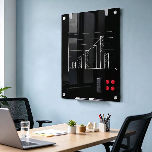 91 cm x 61 cm magnetiline klaasist raamita valge tahvel kontorisse - must