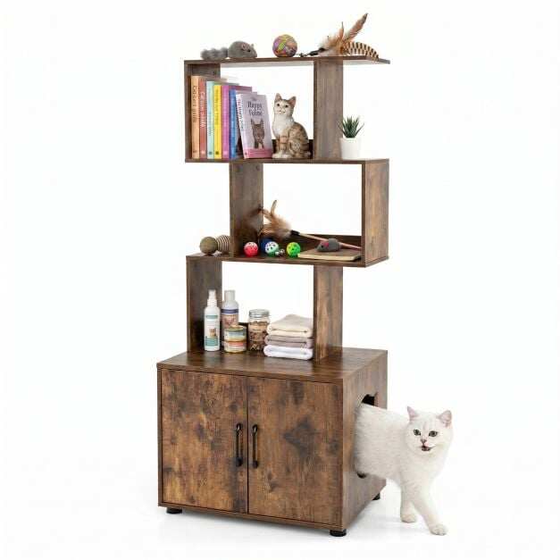 141 CM Tall Cat Litter Box Enclosure with 3 Open Shelves & Side Entry for Indoor-Rustic Brown 141 CM Tall Cat Litter Box Enclosure with 3 Open Shelves & Side Entry for Indoor-Rustic Brown