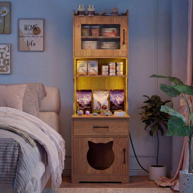 152 cm Tall Cat Litter Box Enclosure with Adjustable LED Light-Natual 152 cm Tall Cat Litter Box Enclosure with Adjustable LED Light-Natual