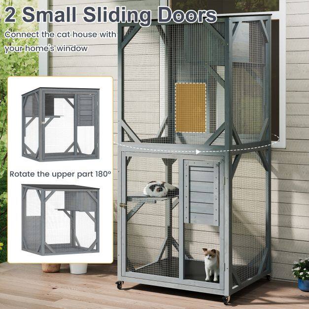 182.5 cm Large Outdoor Cat Enclosure on Wheels with 3 Platforms and Condo-Grey 182.5 cm Large Outdoor Cat Enclosure on Wheels with 3 Platforms and Condo-Grey