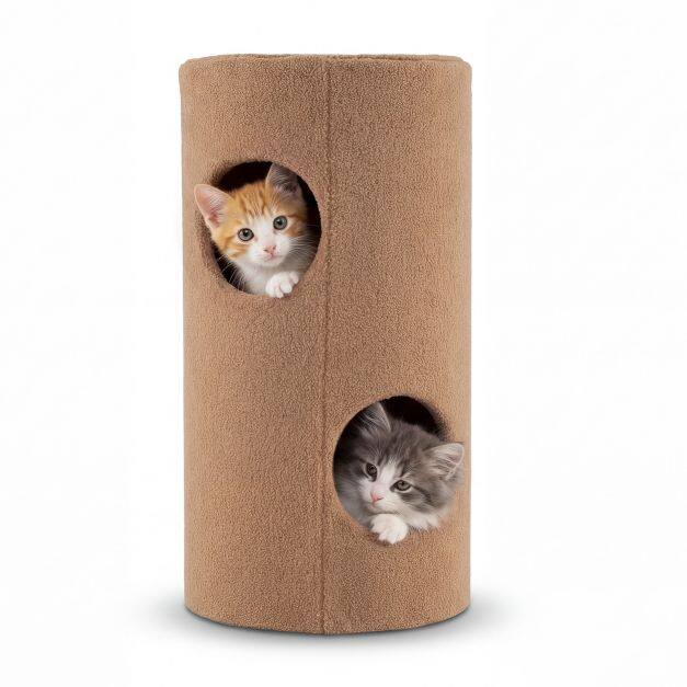 2-Level Cat House, 2-Story Condo for Kittens with Sisal Scratching Mat, Hidden Cave, Barrel-Shaped Furniture, Brown