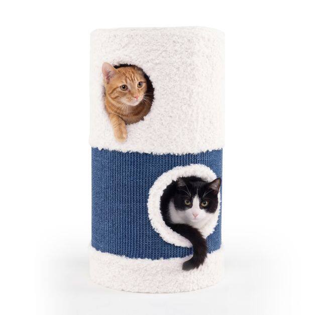 2-Level Cat House, 2-Story Condo for Kittens with Sisal Scratching Mat, Hidden Cave, and Blue Barrel-Shaped Furniture