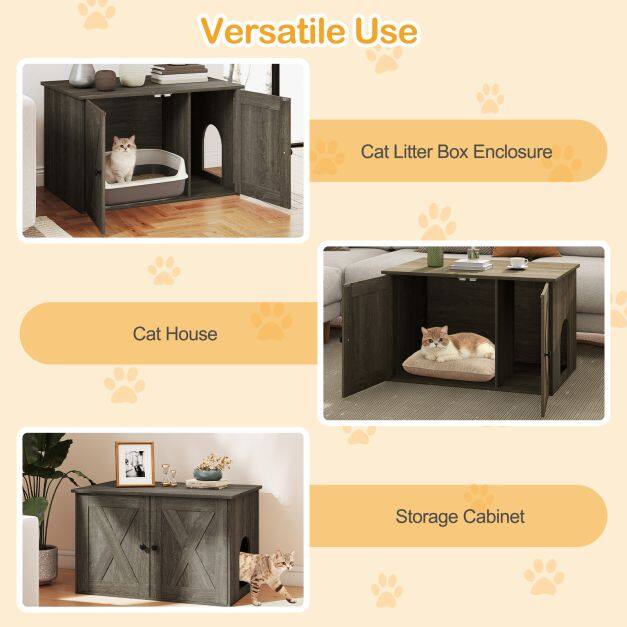 80 x 53 x 50 CM Wooden Indoor Cat House with Divider and Kitten Washroom for Living Room-Grey