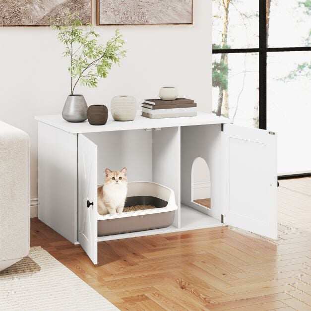 80 x 53 x 50 CM Wooden Indoor Cat House with Divider and Kitten Washroom for Living Room-White