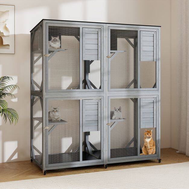 Spacious Fir Wood Outdoor Cat Enclosure with 2 Rest Nooks and 4 Activity Platforms-Grey