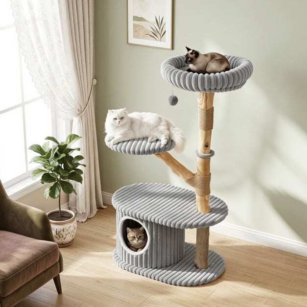 41 Inch Tall Modern Cat Tower with Real Wood Branches, Scratching Posts for Indoor-Gray
