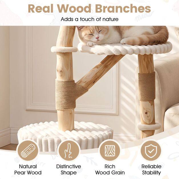 Solid Wood Cat Tree 41 Inch with Real Branches & Scratching Posts and Cozy Bed-Beige Solid Wood Cat Tree 41 Inch with Real Branches & Scratching Posts and Cozy Bed-Beige