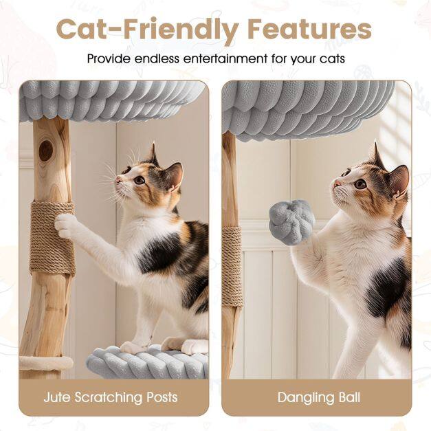 Solid Wood Cat Tree 41 Inch with Real Branches & Scratching Posts and Cozy Bed-Gray Solid Wood Cat Tree 41 Inch with Real Branches & Scratching Posts and Cozy Bed-Gray