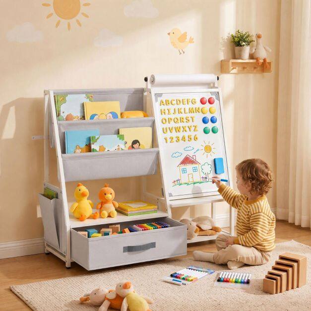 Kids Bookshelf Art Easel with Toy Organizer and Magnetic Whiteboard-Gray