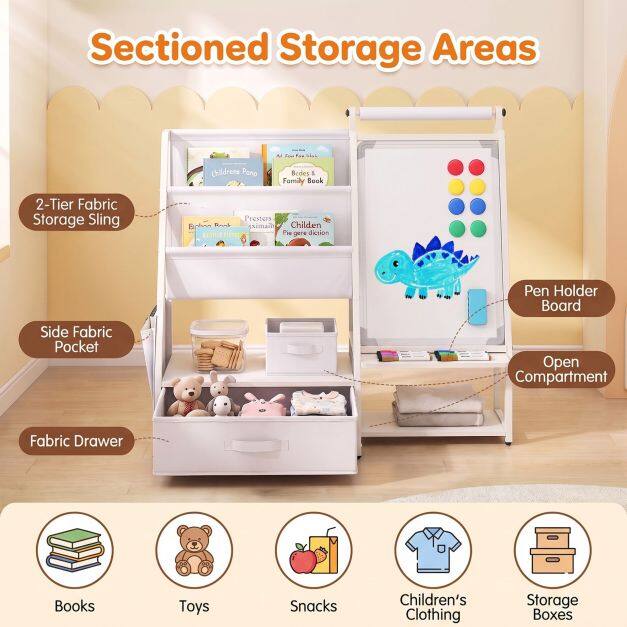 Kids Bookshelf Art Easel with Toy Organizer and Magnetic Whiteboard-White