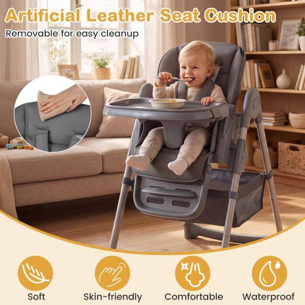 Foldable High Chair with 7-Level Height Adjustment for Babies and Toddlers-Gray Foldable High Chair with 7-Level Height Adjustment for Babies and Toddlers-Gray