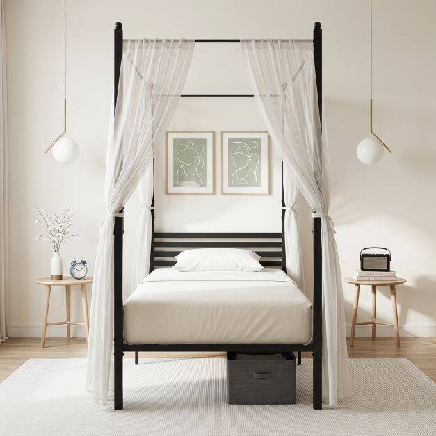 Canopy Bed Frame with 4-Poster and Headboard and Under-bed Storage-Black Canopy Bed Frame with 4-Poster and Headboard and Under-bed Storage-Black