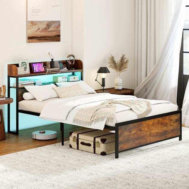 Double Bed Frame with LED Lights and Power Outlets with Storage Headboard-Rustic Brown