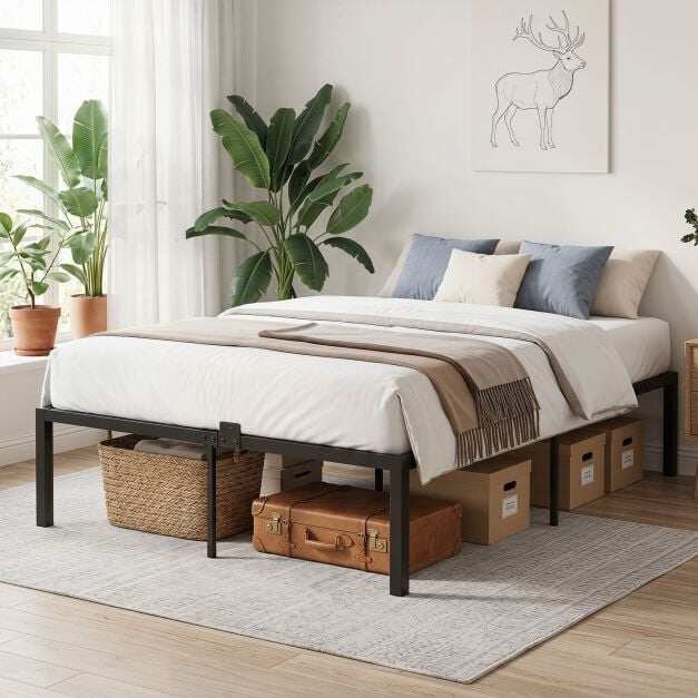 Heavy-Duty Platform Bed with Mattress Slide Stoppers and Under-bed Storage-Black