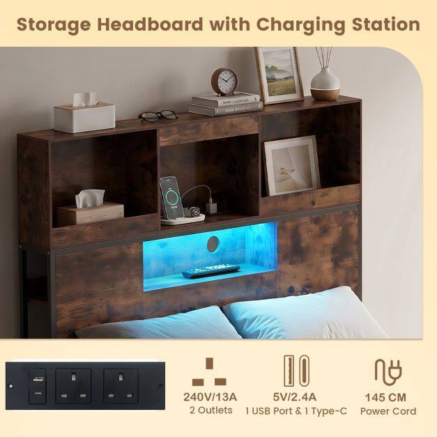 Industrial Metal Platform Bed with LED Lights and Power Outlet-King Industrial Metal Platform Bed with LED Lights and Power Outlet-King
