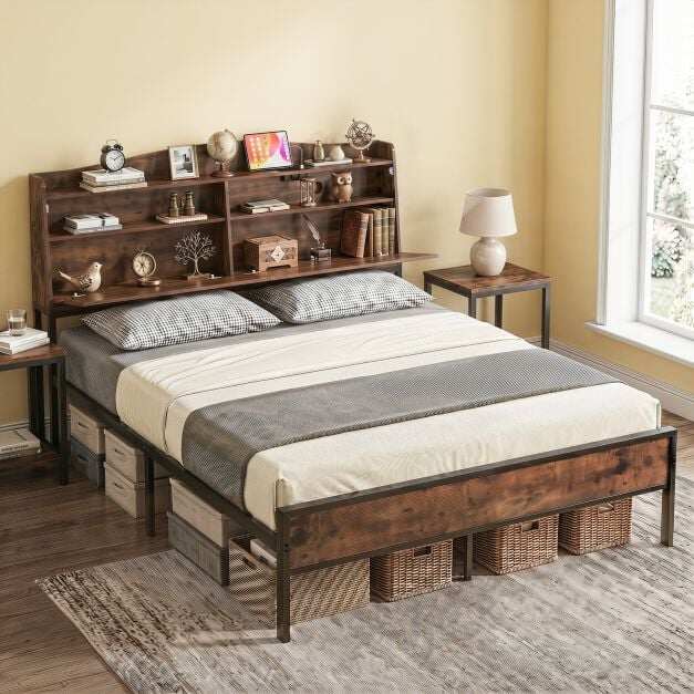 King Size Industrial Metal Platform Bed Frame with Charging Station and Storage Headboard-King Size King Size Industrial Metal Platform Bed Frame with Charging Station and Storage Headboard-King Size