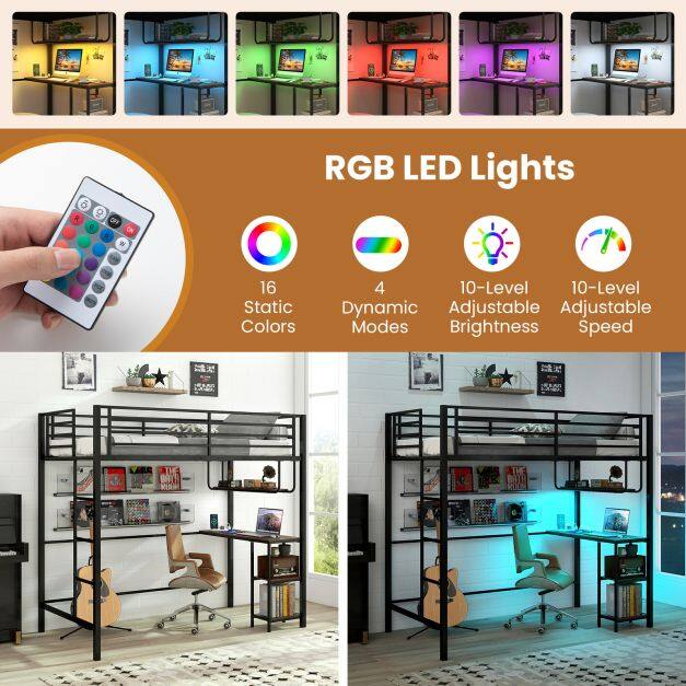 Costway Metal Loft Bed Frame with Charging Station and Light Strip-Rustic Brown