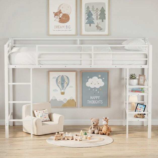 Single Metal Loft Bed with Storage Shelves and Guardrails and Ladder-White