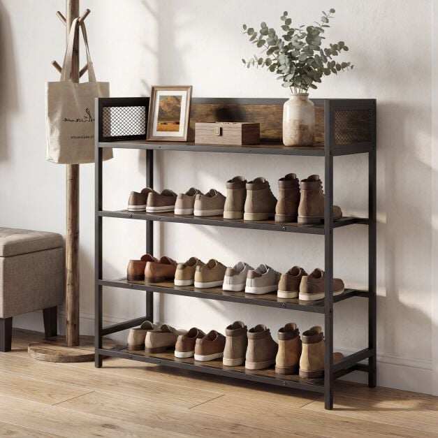4-Tier Shoe Rack Industrial Shoe Organizer with Heavy Duty Metal Frame-Brown 4-Tier Shoe Rack Industrial Shoe Organizer with Heavy Duty Metal Frame-Brown