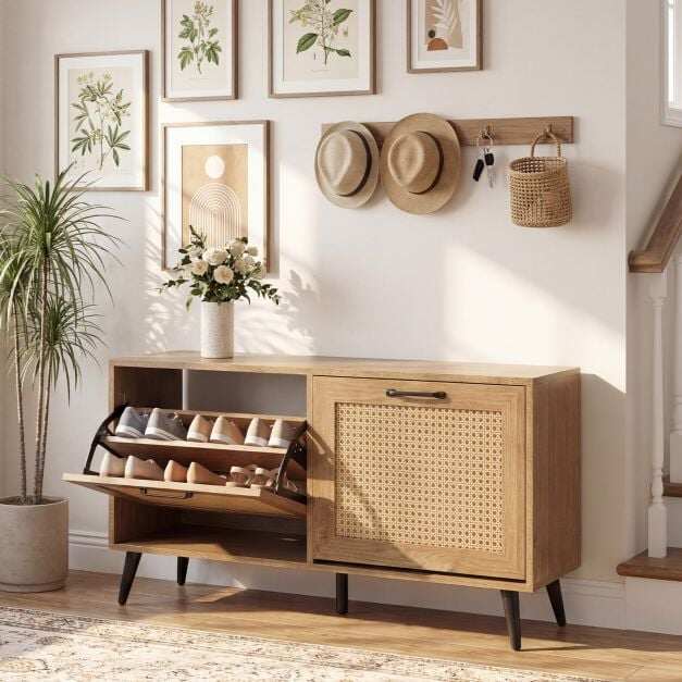 Rattan Shoe Storage Cabinet with 2 Flip Drawers Hidden Boho Shoe Organizer-Natural