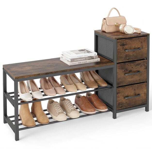 Shoe Bench 3-Tier Shoe Rack with 3 Removable Fabric Drawers-Rustic Brown