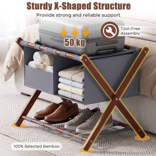 Set of 2 68 cm Foldable Bamboo Luggage Rack with Storage Bags-Rustic Brown Set of 2 68 cm Foldable Bamboo Luggage Rack with Storage Bags-Rustic Brown