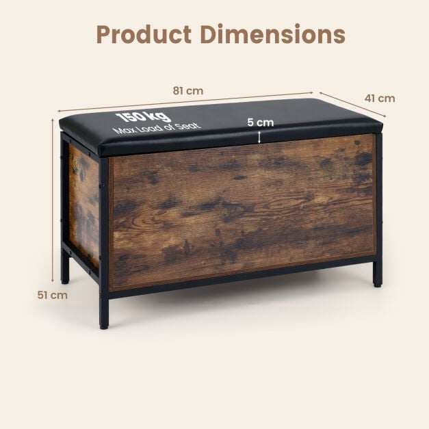 Storage Chest Industrial Shoe Bench with Faux Leather Padded Seat-Rustic Brown