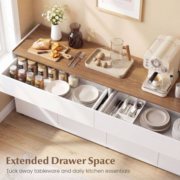 160cm Sideboard Buffet Cabinet with Push-to-Open Doors and 2 Drawers-White 160cm Sideboard Buffet Cabinet with Push-to-Open Doors and 2 Drawers-White