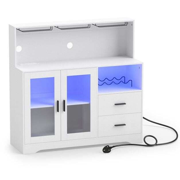 2-Door Wine Bar Cabinet with LED Lights and Charging Station for Kitchen-White 2-Door Wine Bar Cabinet with LED Lights and Charging Station for Kitchen-White