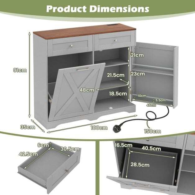 Tilt Out Trash Can Cabinet with Outlets and Adjustable Shelf for Kitchen-Grey Tilt Out Trash Can Cabinet with Outlets and Adjustable Shelf for Kitchen-Grey
