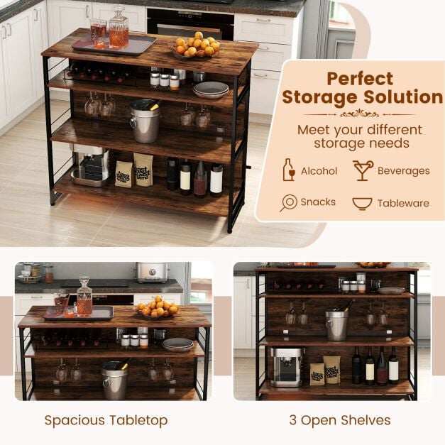 2-in-1 Home Bar Unit with 4 Shelves and Glass Holders and Wine Racks-Rustic Brown 2-in-1 Home Bar Unit with 4 Shelves and Glass Holders and Wine Racks-Rustic Brown
