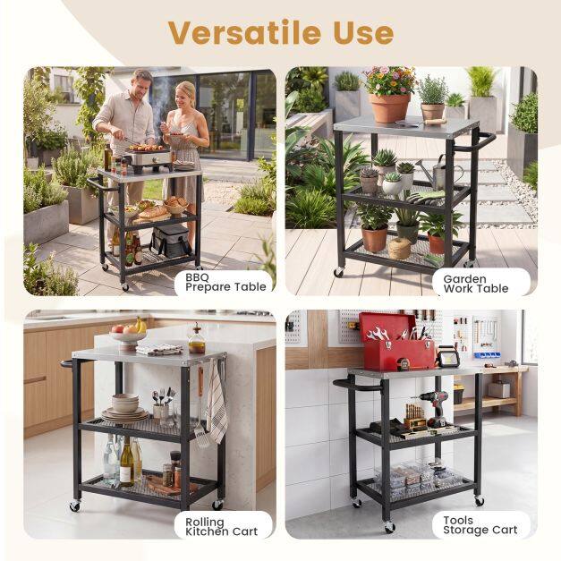 3-Tier Rolling Grill Cart with Stainless Top and Hanging Posts for Kitchen-Black 3-Tier Rolling Grill Cart with Stainless Top and Hanging Posts for Kitchen-Black