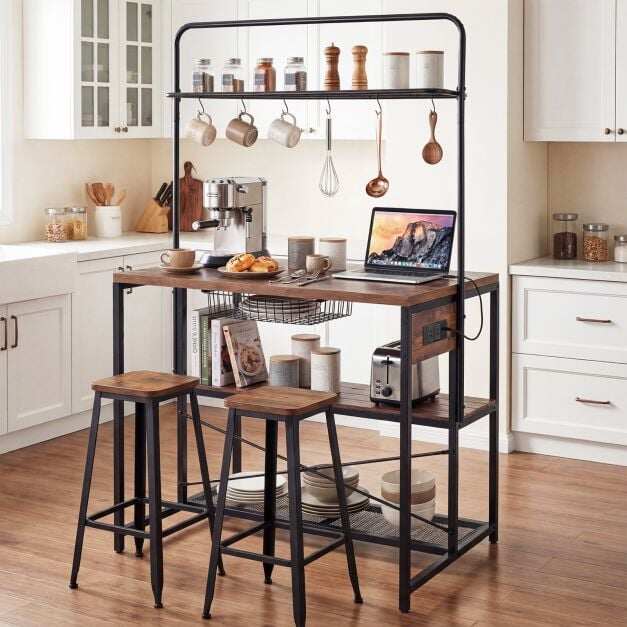 Industrial Bakers Rack Storage Island with Pull-out Basket and 6 Hooks for Home-Black Industrial Bakers Rack Storage Island with Pull-out Basket and 6 Hooks for Home-Black