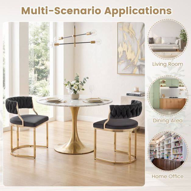 2 Pieces Velvet Dining Chairs with Curved Back and Metal Base-Black